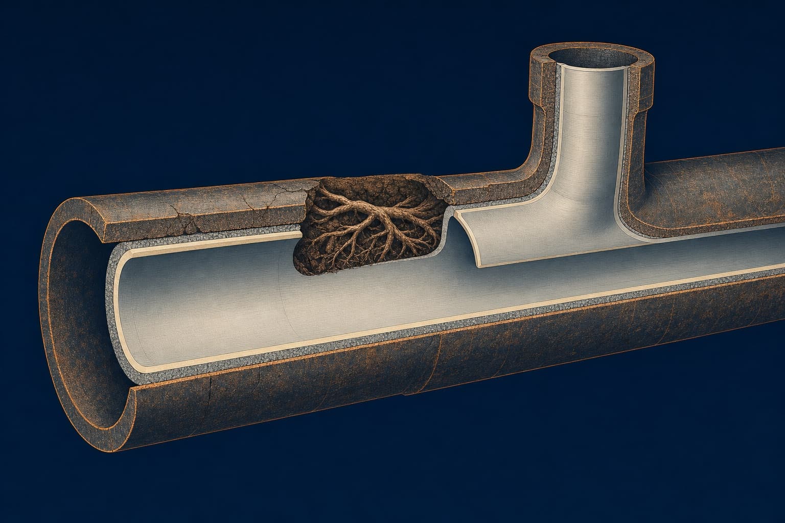 Cutaway of a host pipe with a cured liner inside it, a reinstated lateral and root intrusion cut away ahead of it