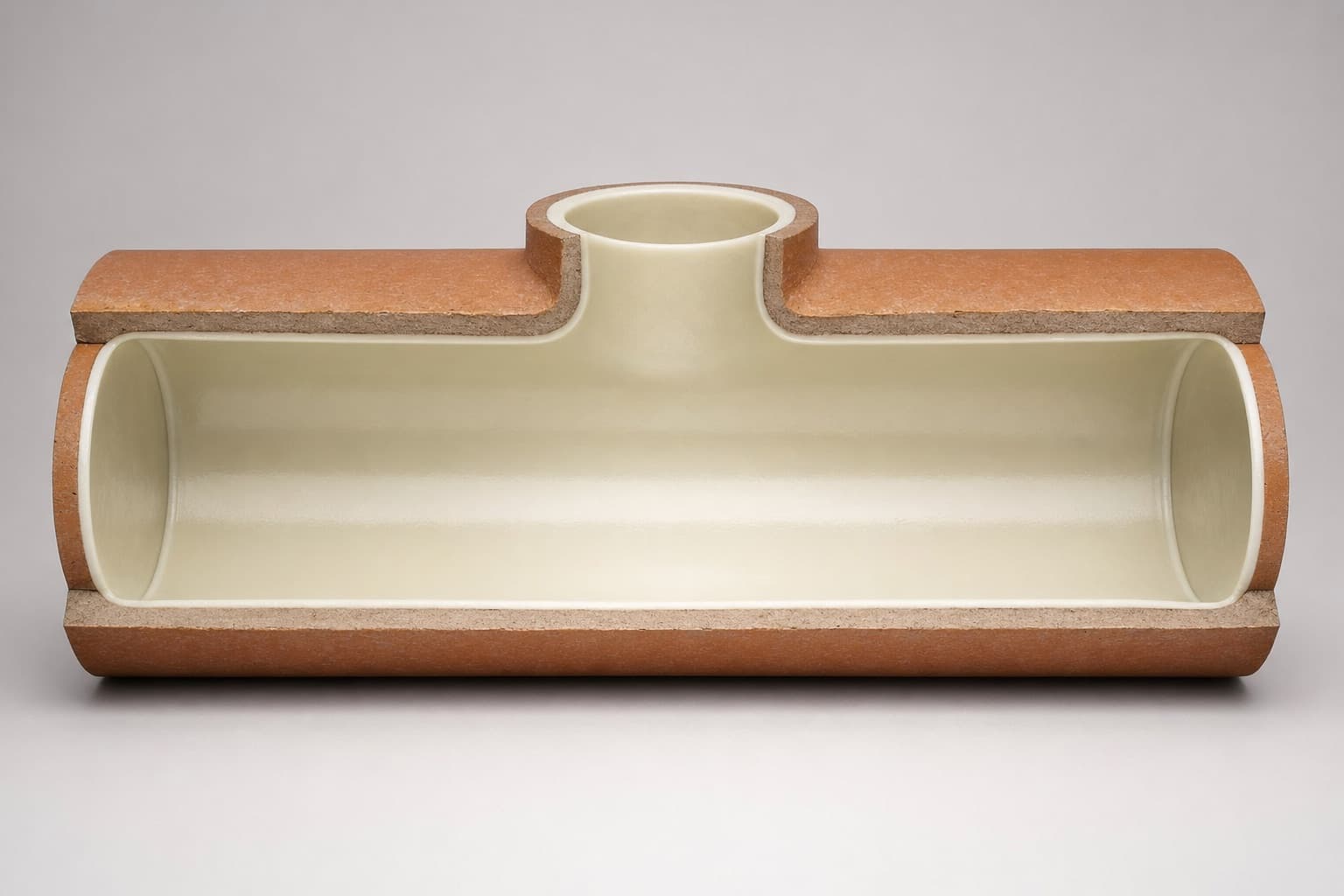 The same pipe section fully lined with a smooth continuous resin surface and a cleanly reinstated branch opening