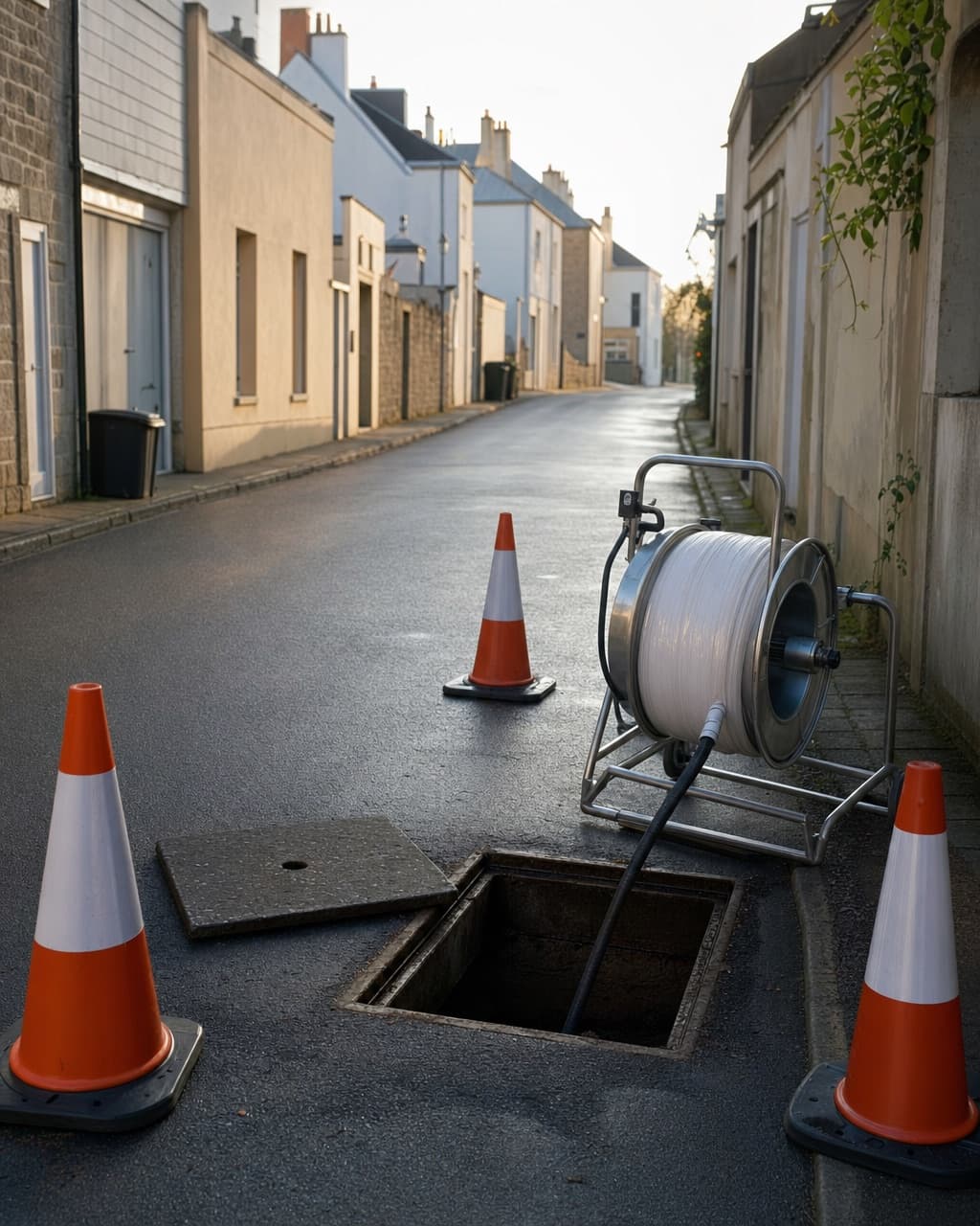 A narrow residential street with a small square access pit open in the asphalt and a liner reel beside it