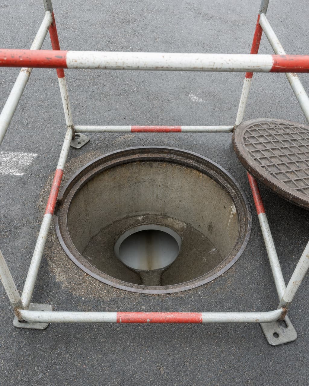 An open municipal manhole in a road with the lined pipe visible below, its pale smooth surface catching the light