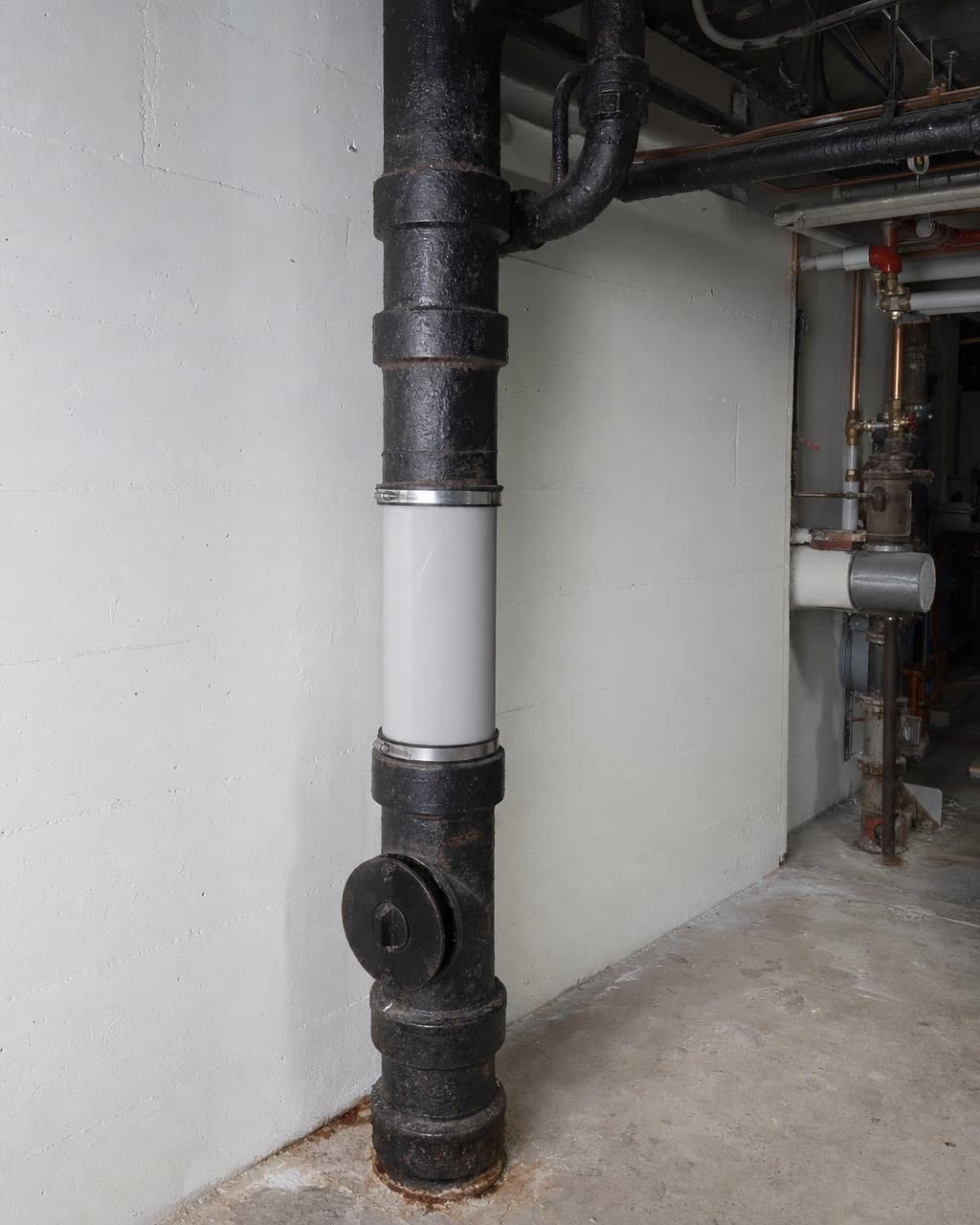 A commercial basement with a large cast iron soil stack, one section replaced by a lined pipe with a clean coupling