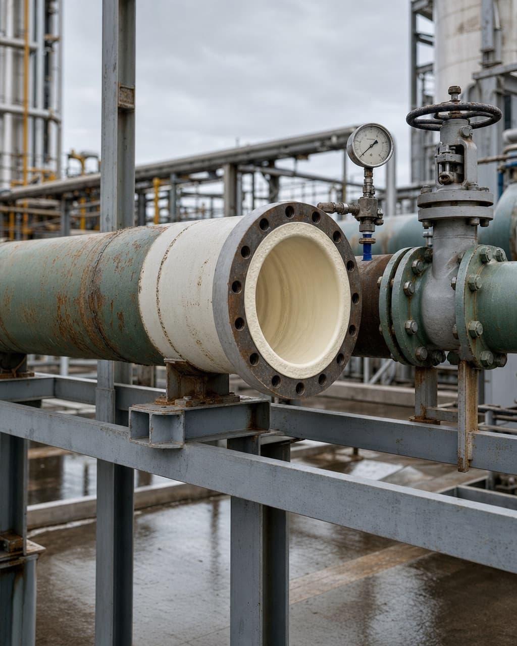 An industrial process pipe run on steel supports, one length relined with its pale interior seen through an open flange