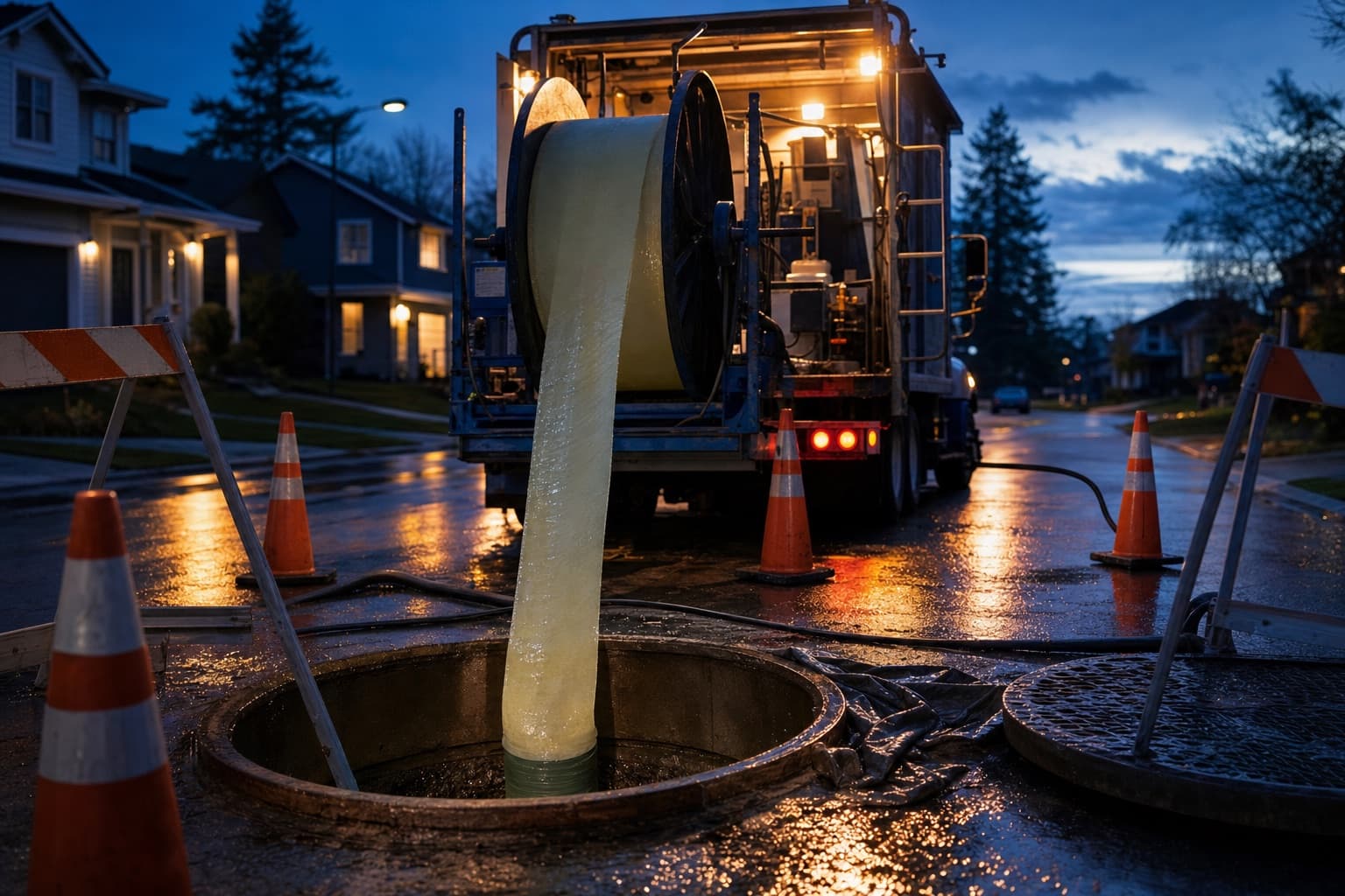A trenchless lining site at dusk: a resin-saturated liner feeding into an open manhole from a reel on a truck