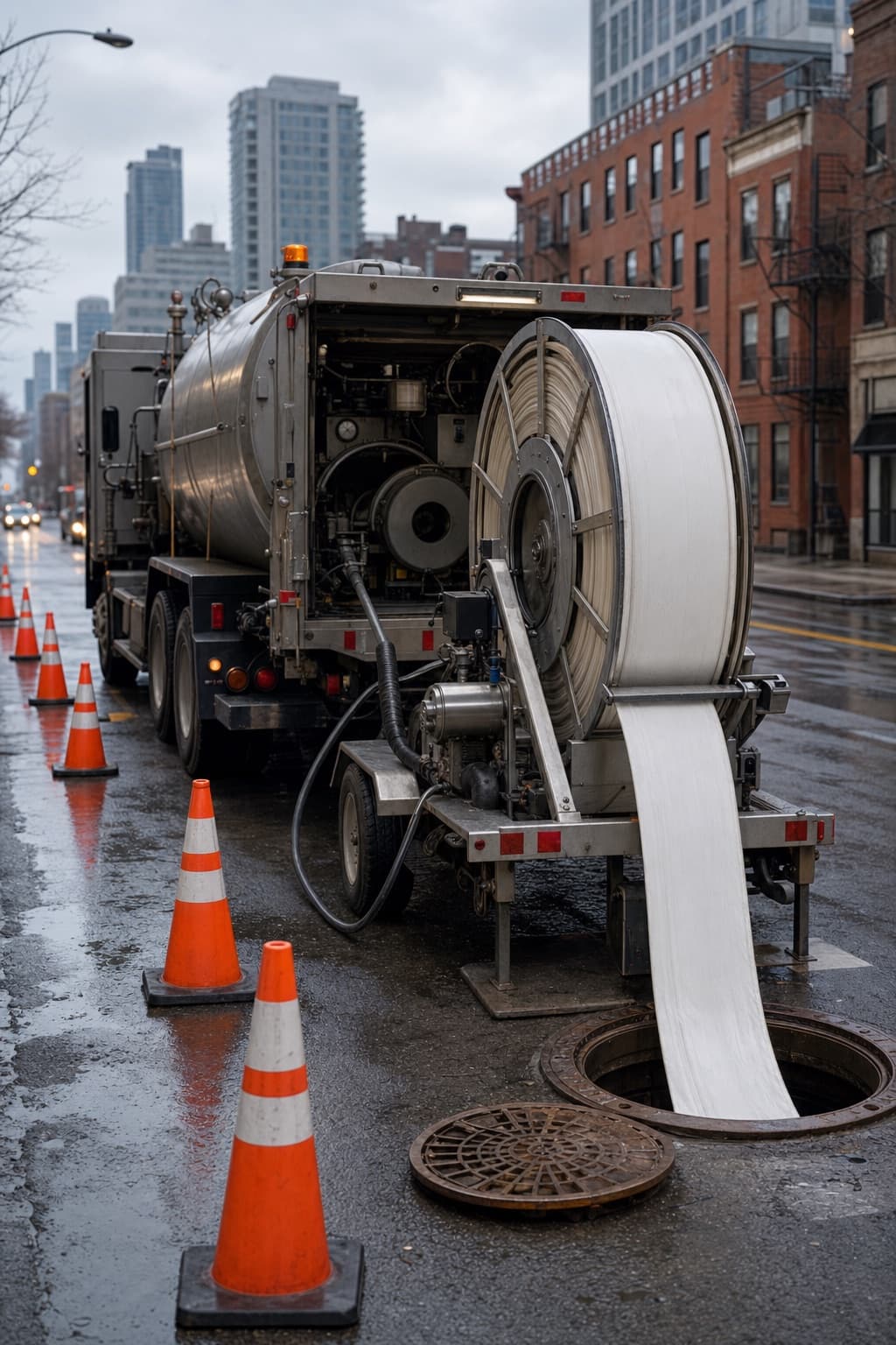 A pipe rehabilitation setup on a city street, a boiler truck and liner reel positioned over a manhole with cones in a taper