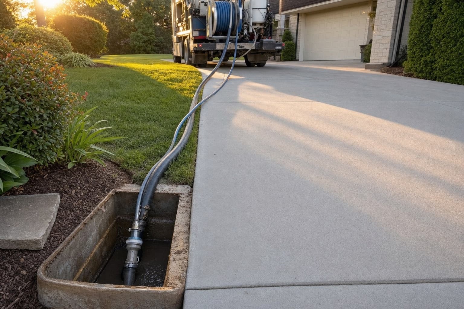A lining job in a residential driveway, one small access pit open beside intact paving