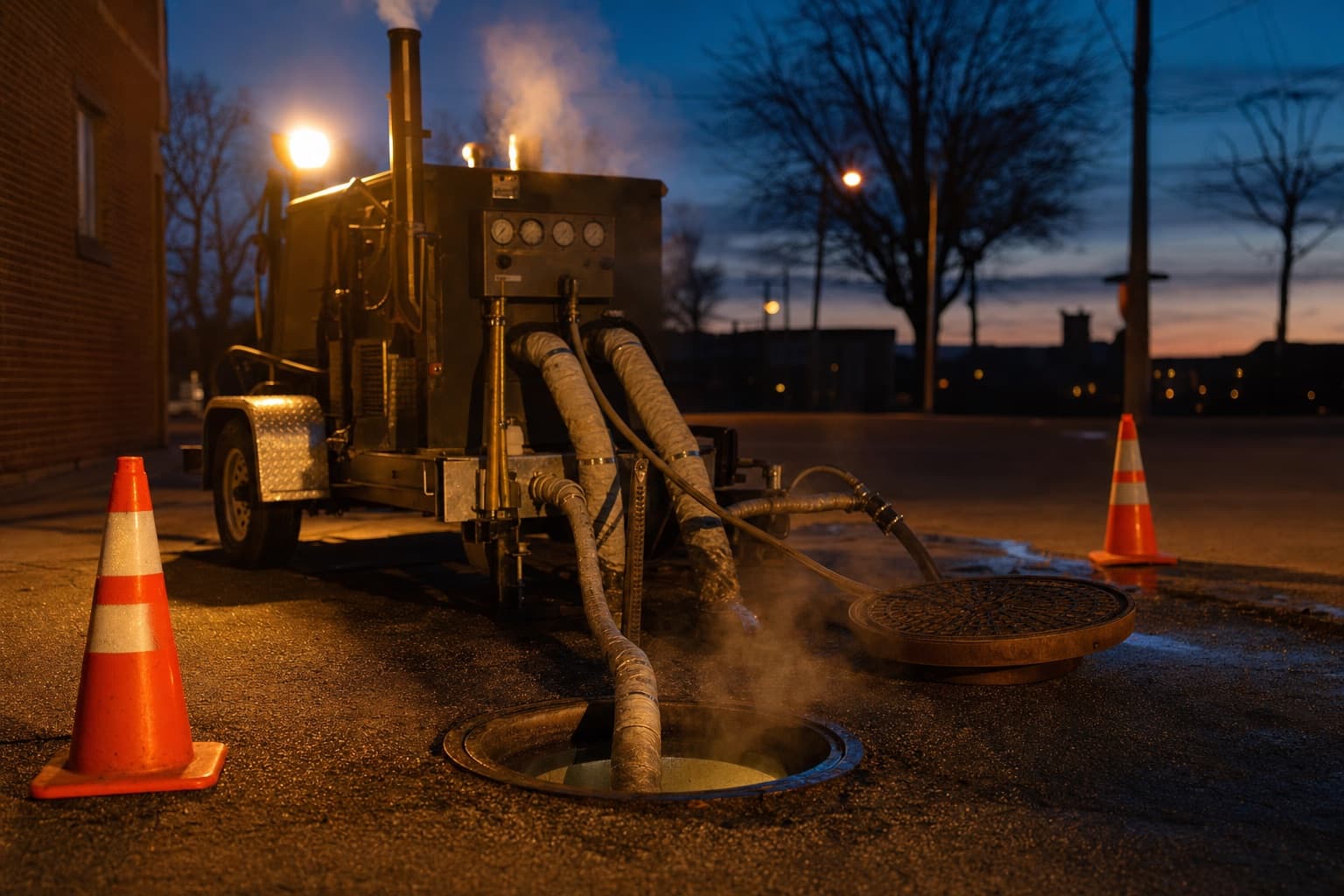 A curing setup at a manhole at dusk: a boiler unit and hoses running down into the opening