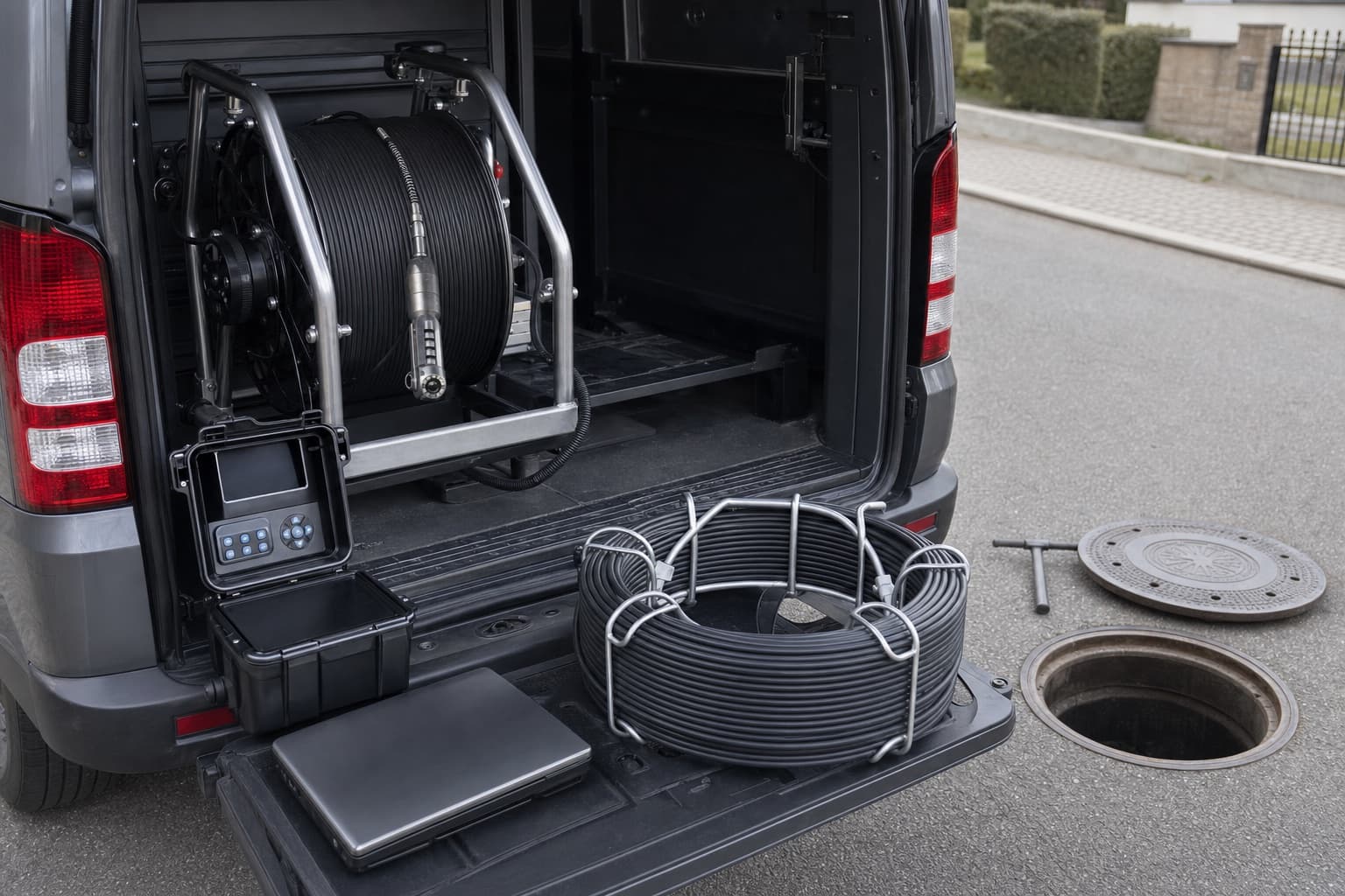 A pipe inspection setup at the back of a van: a camera reel, a cable counter and a coiled push rod