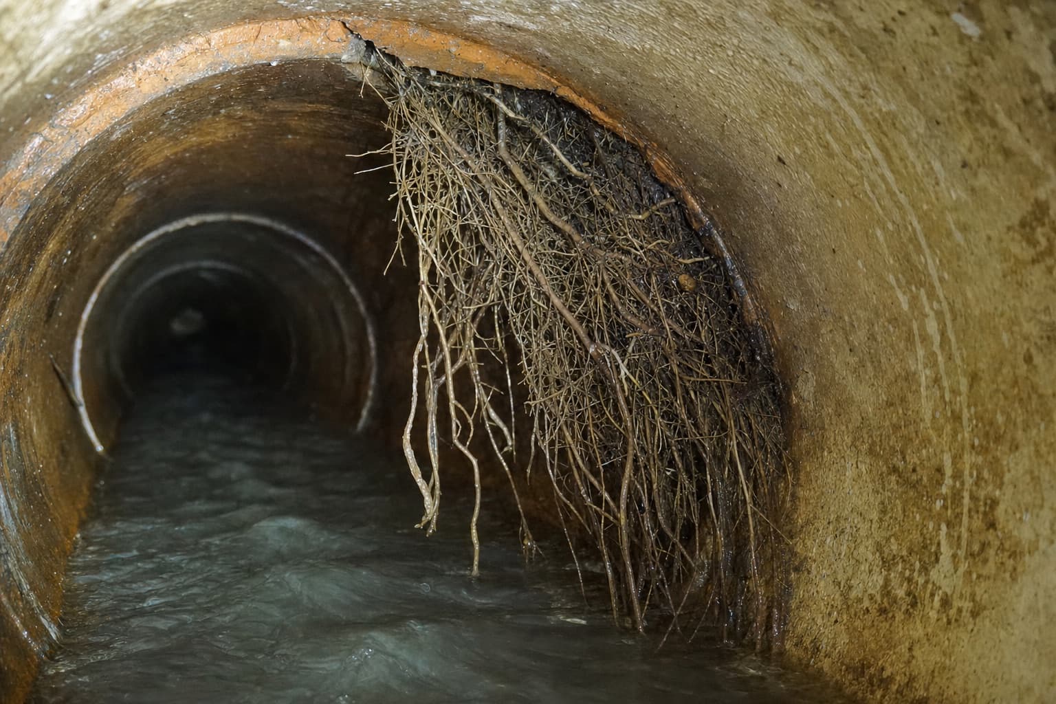 Root intrusion inside a clay sewer pipe, a mass of fine roots hanging through a joint into the flow