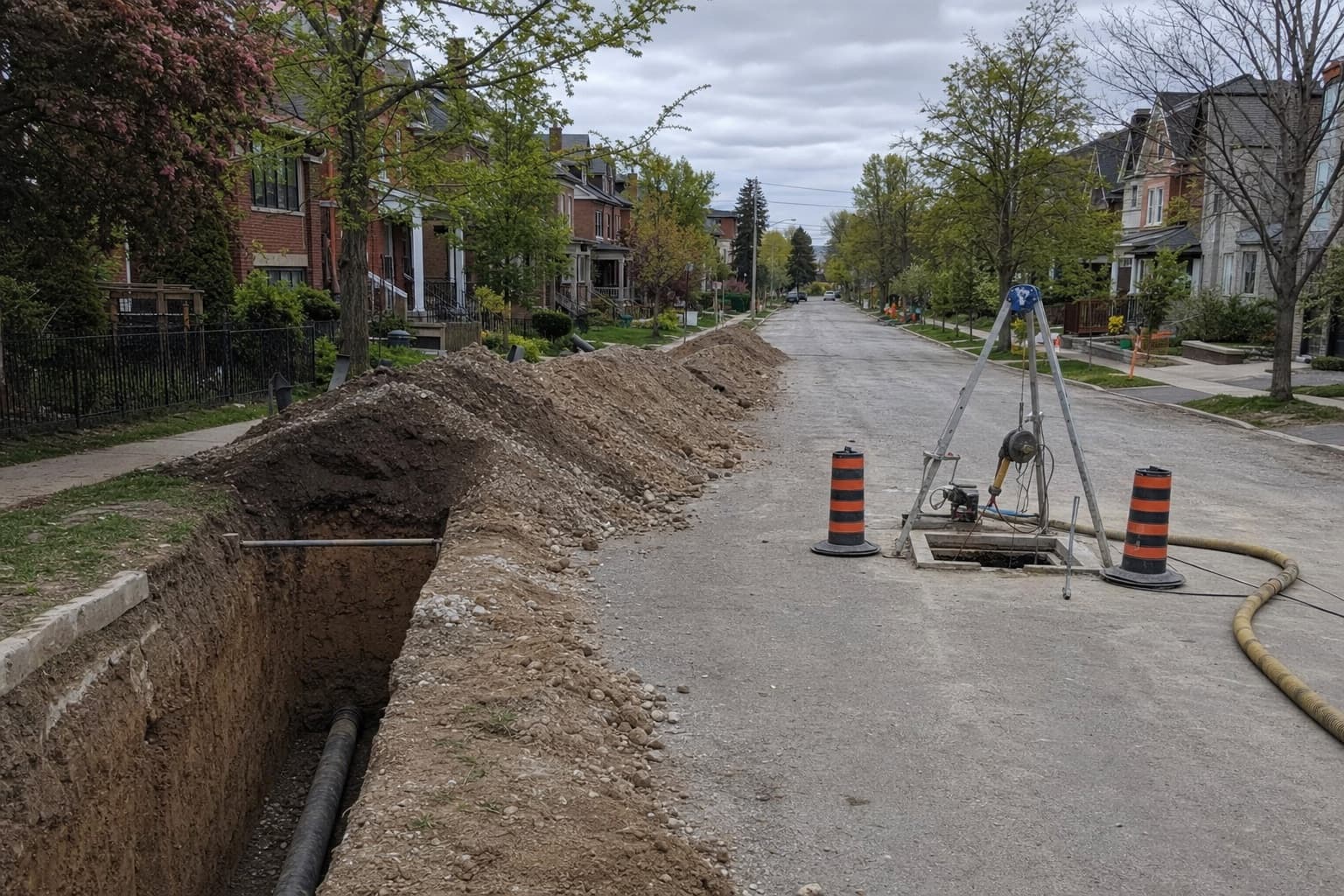 One street showing both approaches: a long open trench with spoil, and further along a single access pit