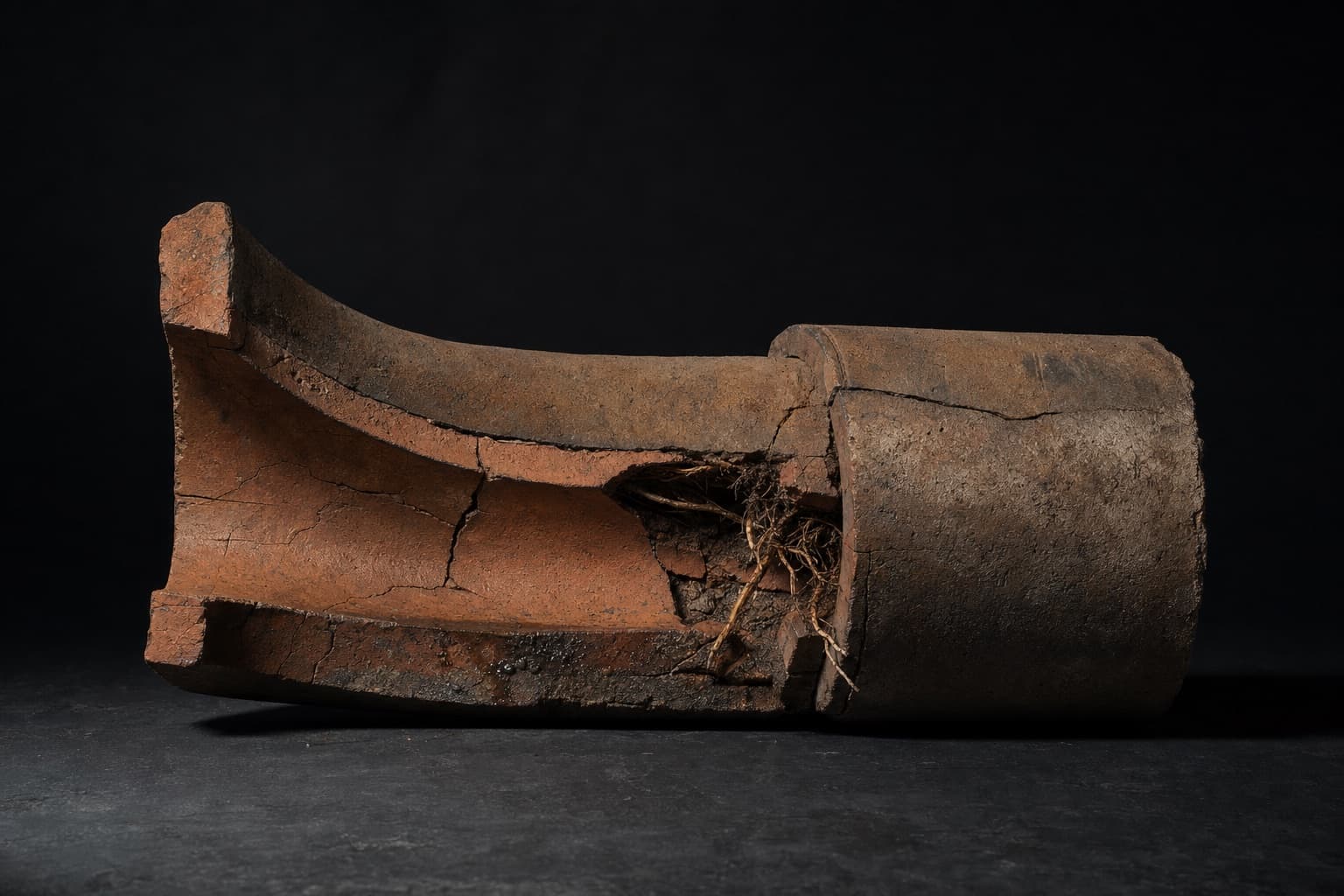 Cutaway section of an old clay sewer pipe with a cracked, displaced joint and root intrusion inside