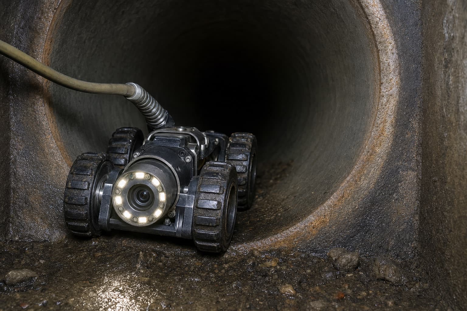 A sewer inspection crawler at the mouth of a pipe, its lamp ring lit and the bore receding into darkness