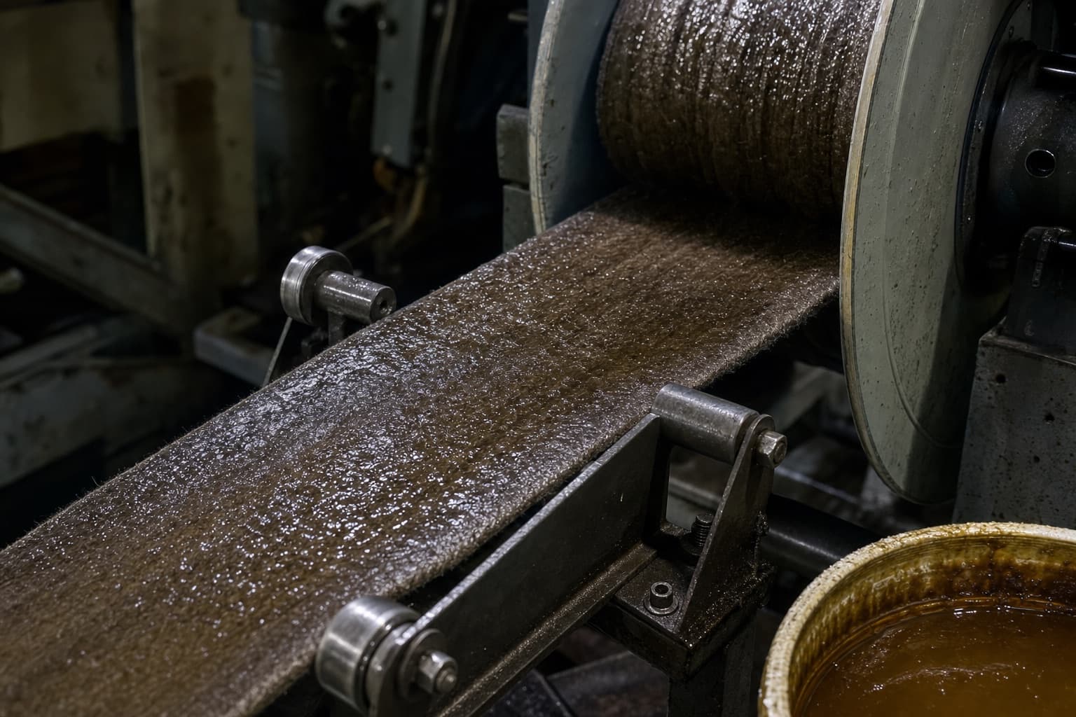 A resin-saturated felt liner being fed from a reel through guide rollers