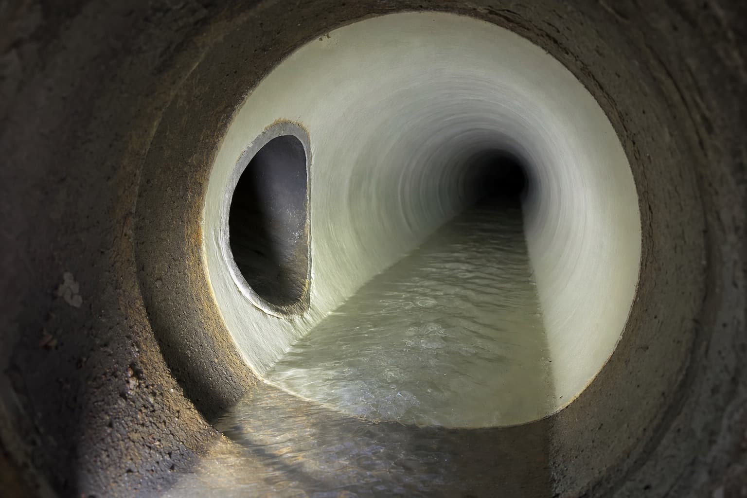 A cured liner seen from inside a manhole, with a lateral connection reinstated cleanly through it